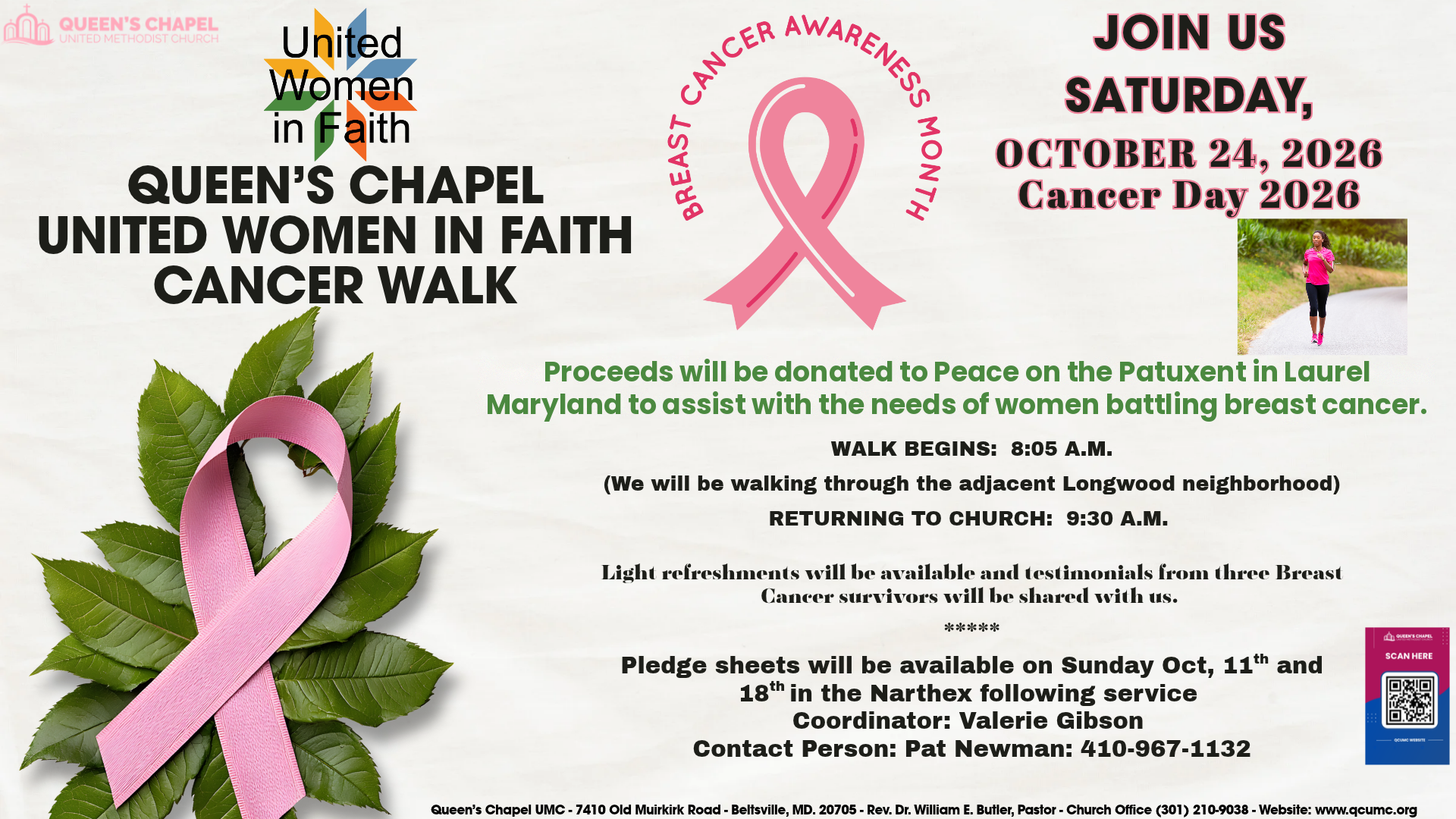 Queen's Chapel United Women in Faith Cancer Walk, Saturday, October 24, 2026