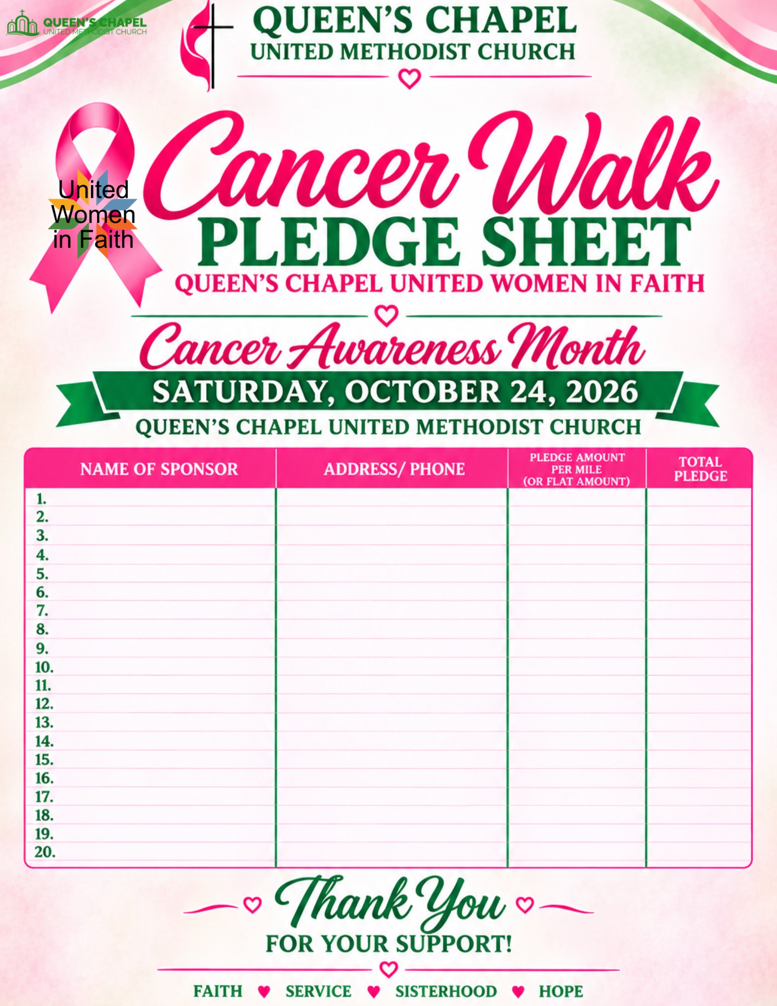 Cancer Walk Pledge Sheet